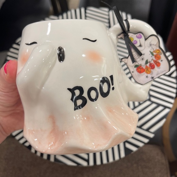 Pink Halloween Ghost Yawning Boo Ceramic Coffee Mug Blue Sky Clayworks NWT - Picture 6 of 6